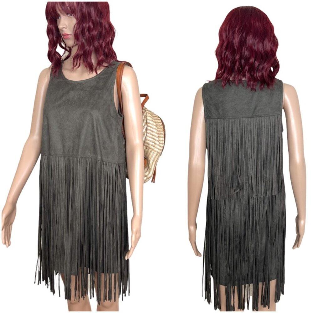 Boho Western Fringe Mini Dress Faux Suede Large Dark Olive